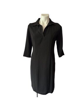 Black Dress With Red Stitching Trim 3/4 Sleeves Collared Neckline Size M Classic